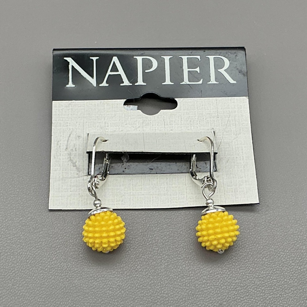 Napier Earrings Yellow Bead Dangle Drop Leverback Silver Tone Fashion Jewelry 1"